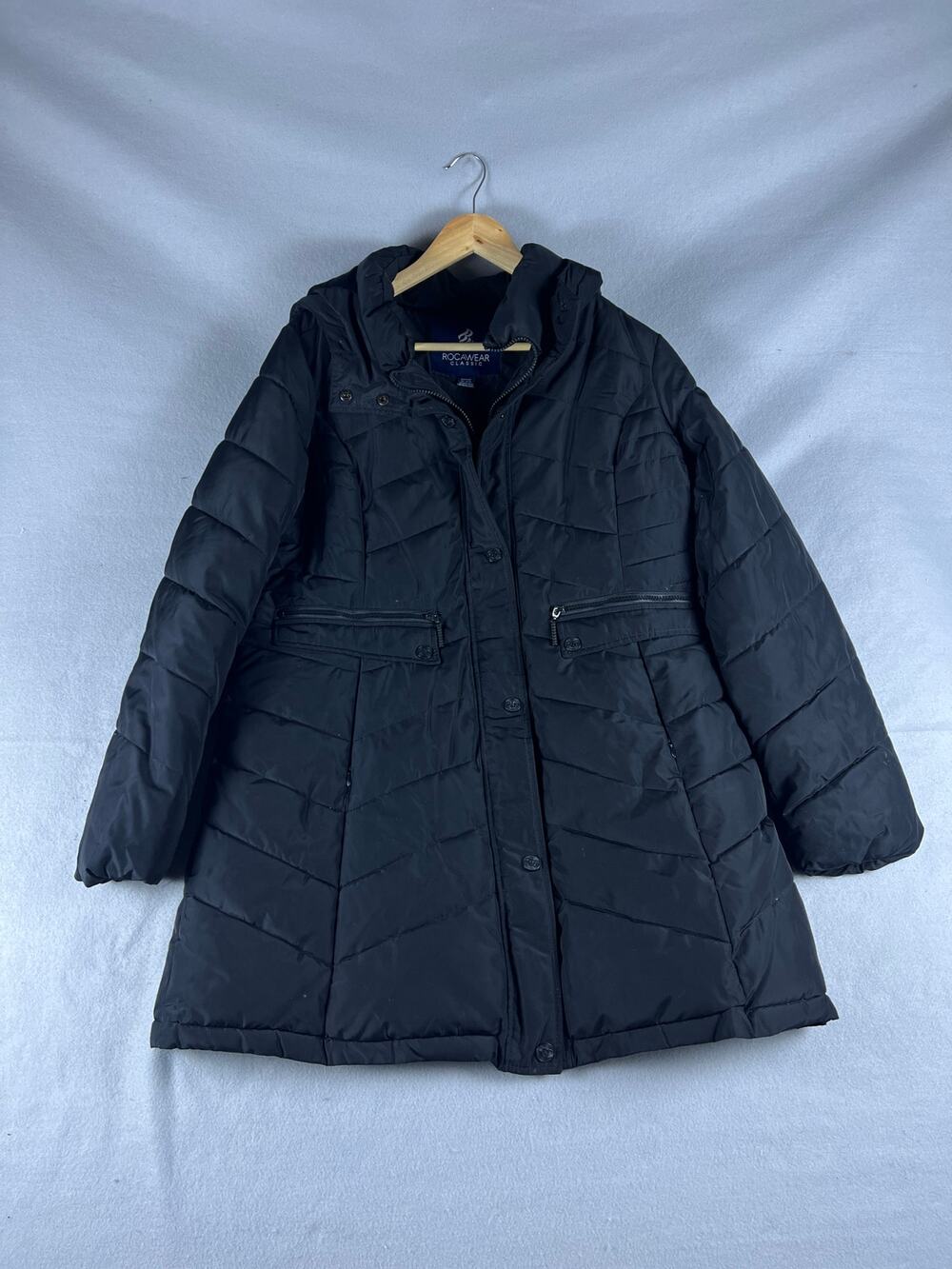 Rocawear Puffer Jacket Womens XL Black Hooded Quilted Fleece Lined Parka Y2K